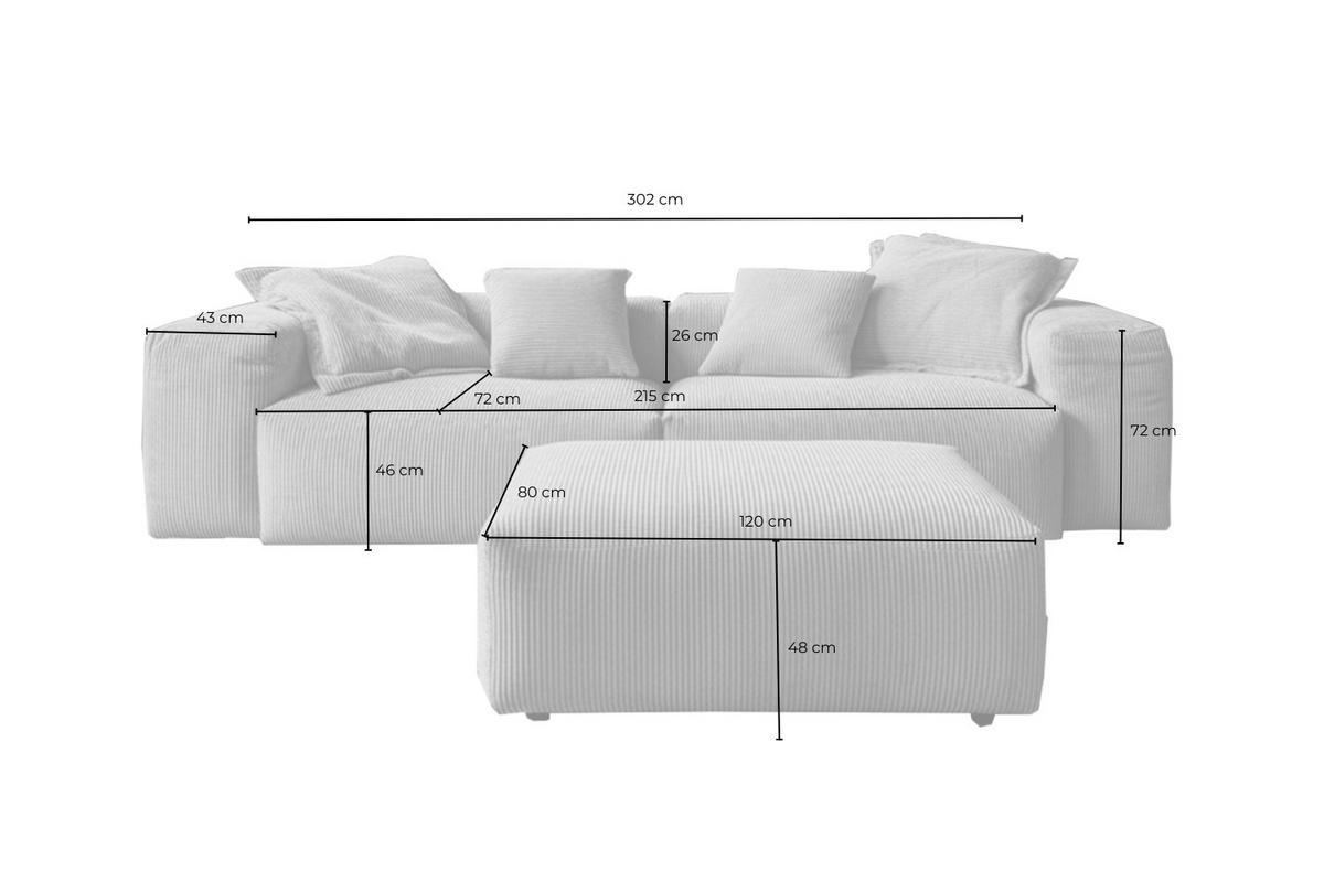 SOFA CELESTE Cremeweiß Cord - Creme/Schwarz, Kunststoff/Textil (302/72/114cm) - KAWOLA