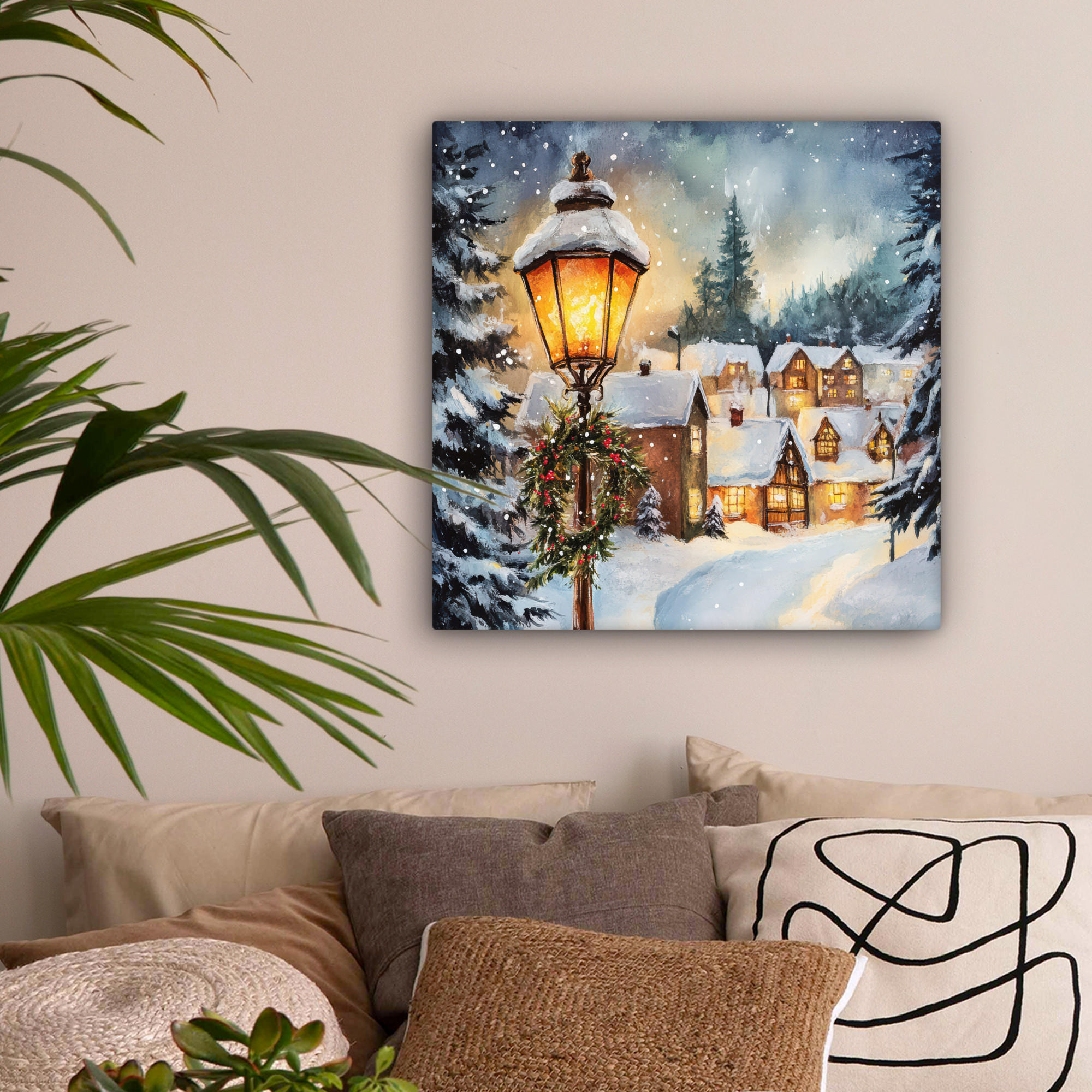 LEINWANDBILD Weihnachtsdorf - Häuser - Schnee - Weihnachten 50x50 cm - Sandfarben, Textil (50/50cm) - MuchoWow