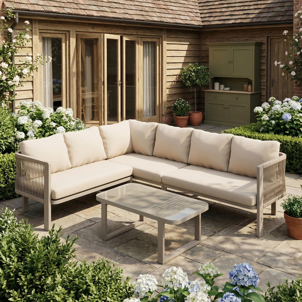 GARTENMÖBEL-SET 6 Personen Eckstellung Stahlrohr Glasplatte Khaki - Hellbraun, Textil - FLIEKS