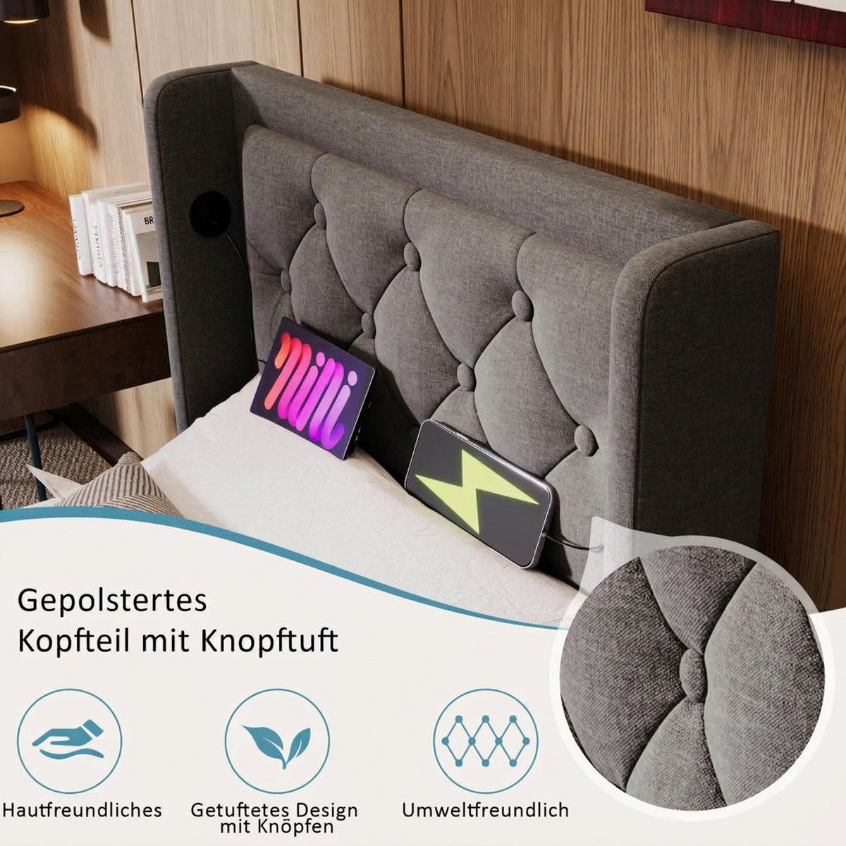 POLSTERBETT 90/200 cm Grau mit USB Typ-C Ladefunktion und 3-seitige LED-Funktion - Grau, Textil (90/200cm) - Oxeza