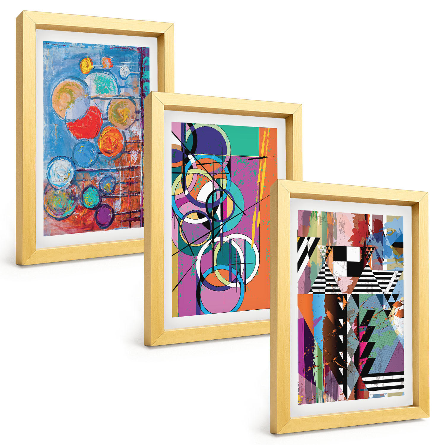 BILDER SET 3er Set - 20x30 cm Goldrahmen - Bunte abstrakte Kreise Geometrie - Goldfarben, Kunststoff (20/30cm) - TULUP