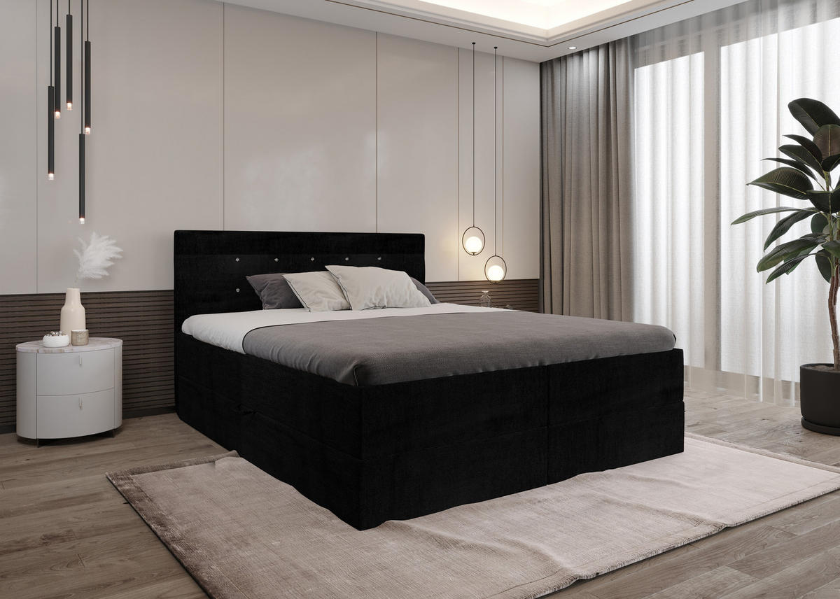 BOXBETT Malaga Schwarz 160x200 cm Bettkasten + Topper - Schwarz, Holz/Textil (160/200cm) - Comfortic