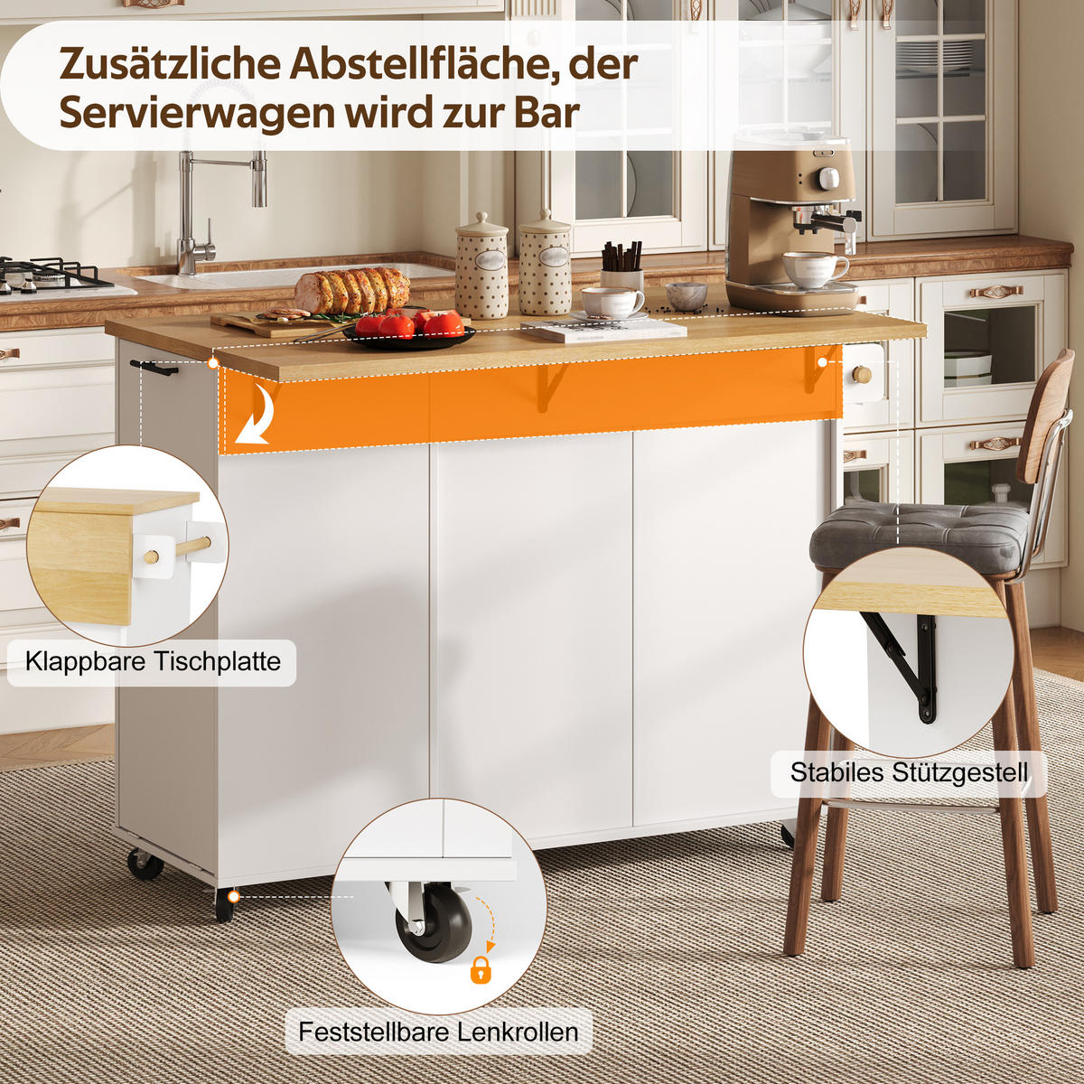 KUCHYŇSKÝ OSTRŮVEK v bílé barvě se sklopnou pracovní deskou a kolečky, 130×45(70)×93 cm - bílá/přírodní, kompozitní dřevo (130/93/70cm) - STILVORA