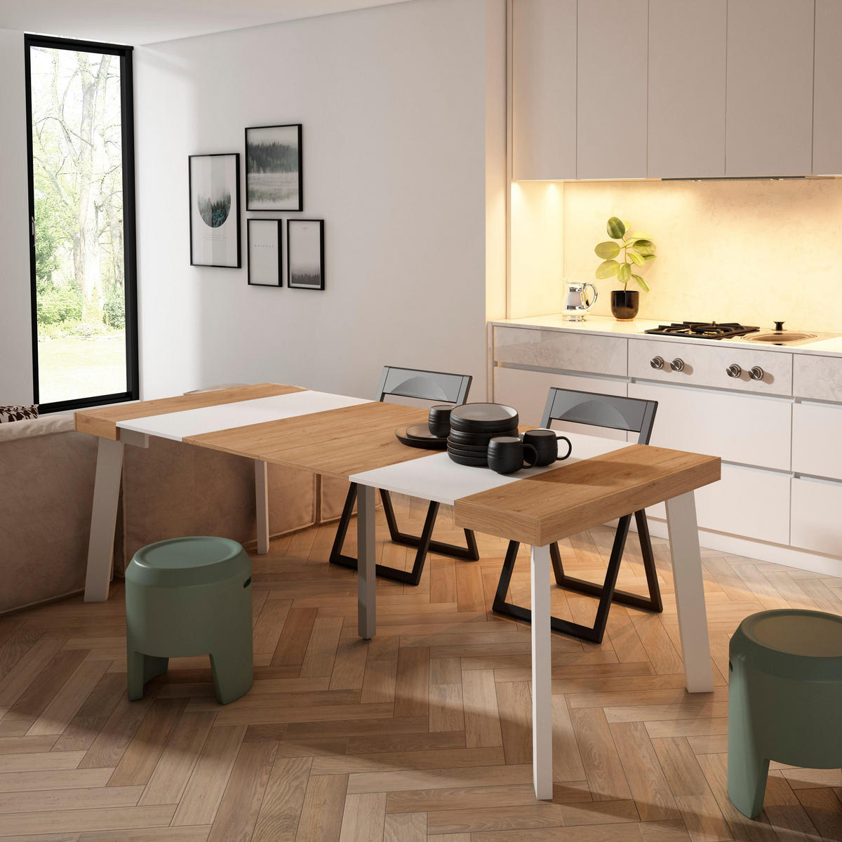 KONSOLENTISCH ausziehbar 58 bis 222cm, für 10 Gäste, eiche weiß, 90/58/73cm - Eichefarben/Weiß, Holzwerkstoff (90/222/73cm) - Skraut Home