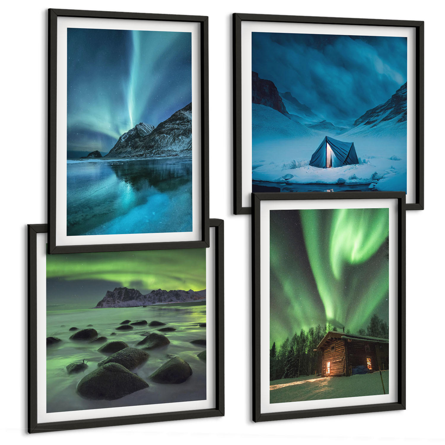 BILDER SET 4er Set - 50x50 cm & 40x60 cm Schwarzer Rahmen - Winterlandschaften, Nordlichter, Berge - Schwarz, Kunststoff (50/50cm) - TULUP
