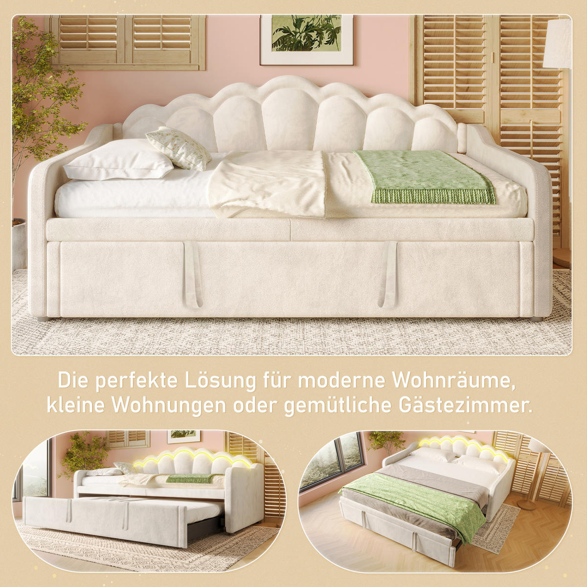 BETT 90/200 cm Beige aus Samt mit Bett und LED-Lichtleiste - Beige, Textil (90/200cm) - OKMYHOME