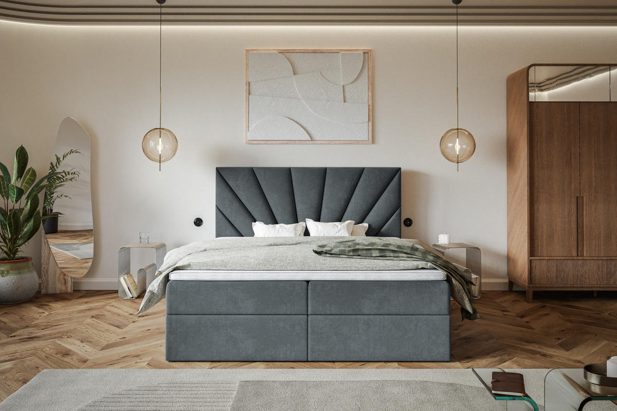 BOXBETT DENVER mit 2 Bettkästen, 160x200, Farbe: Dunkelgrau, Velourstoff, Doppelbett mit Bonell-Matratze - Dunkelgrau, Holz/Kunststoff (160/200cm) - Alpi-Möbel