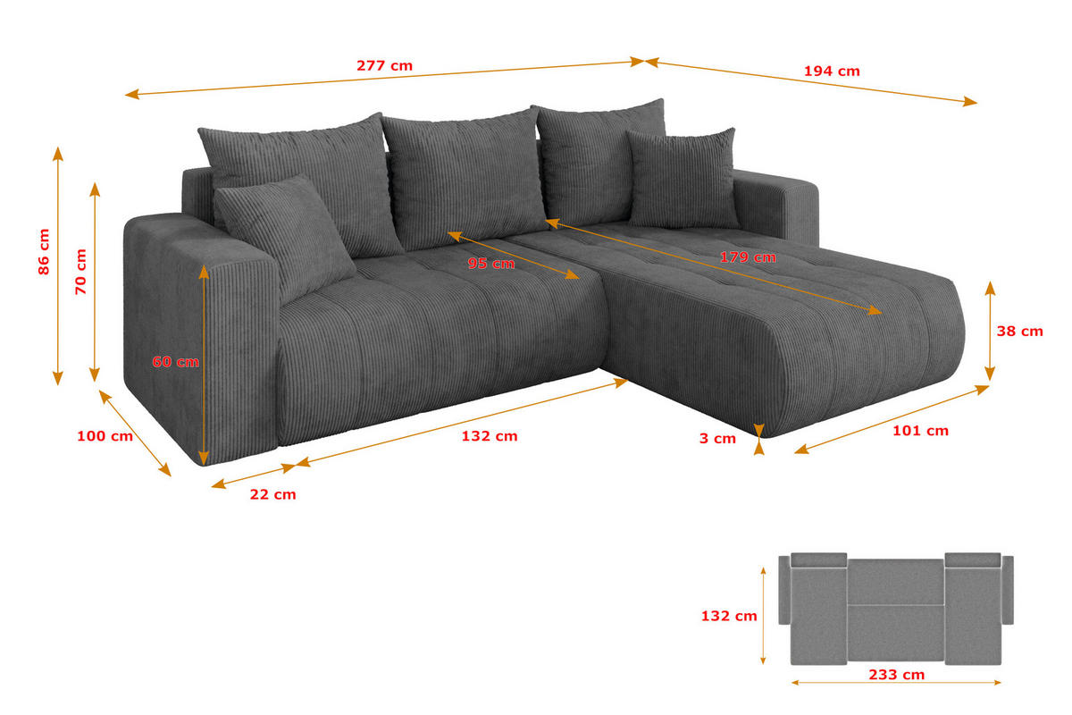 ROHOVÁ SEDAČKA s funkcí spaní, otoman vpravo MILA-L 277x194x86 tmavě šedá manšestr - černá/tmavě šedá, kompozitní dřevo/textil (277/194cm) - ALTDECOR