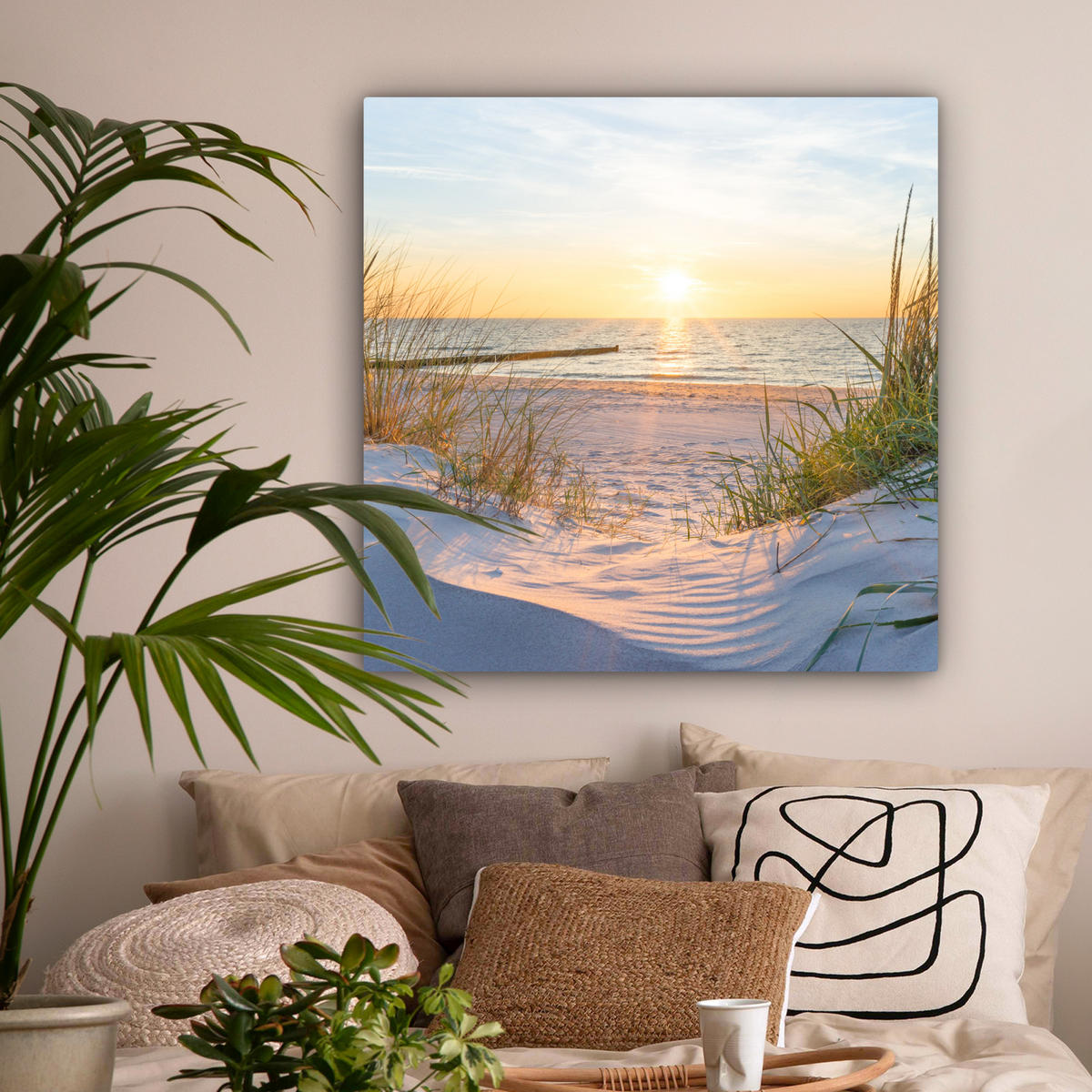 LEINWANDBILD Strand - Sonne - Düne - Gras - Sand - Horizont 90x90 cm - Hellblau, Textil (90/90cm) - MuchoWow