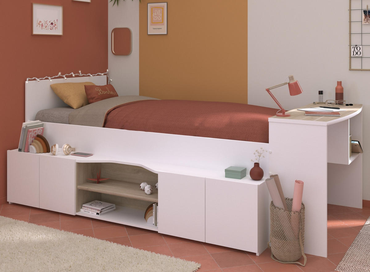 HOCHBETT Jugendzimmer Bett 90x200 mit Schreibtisch und Stauraum - Multicolor/Weiß, Holz/Holzwerkstoff (90/200cm) - Parisot Meuble