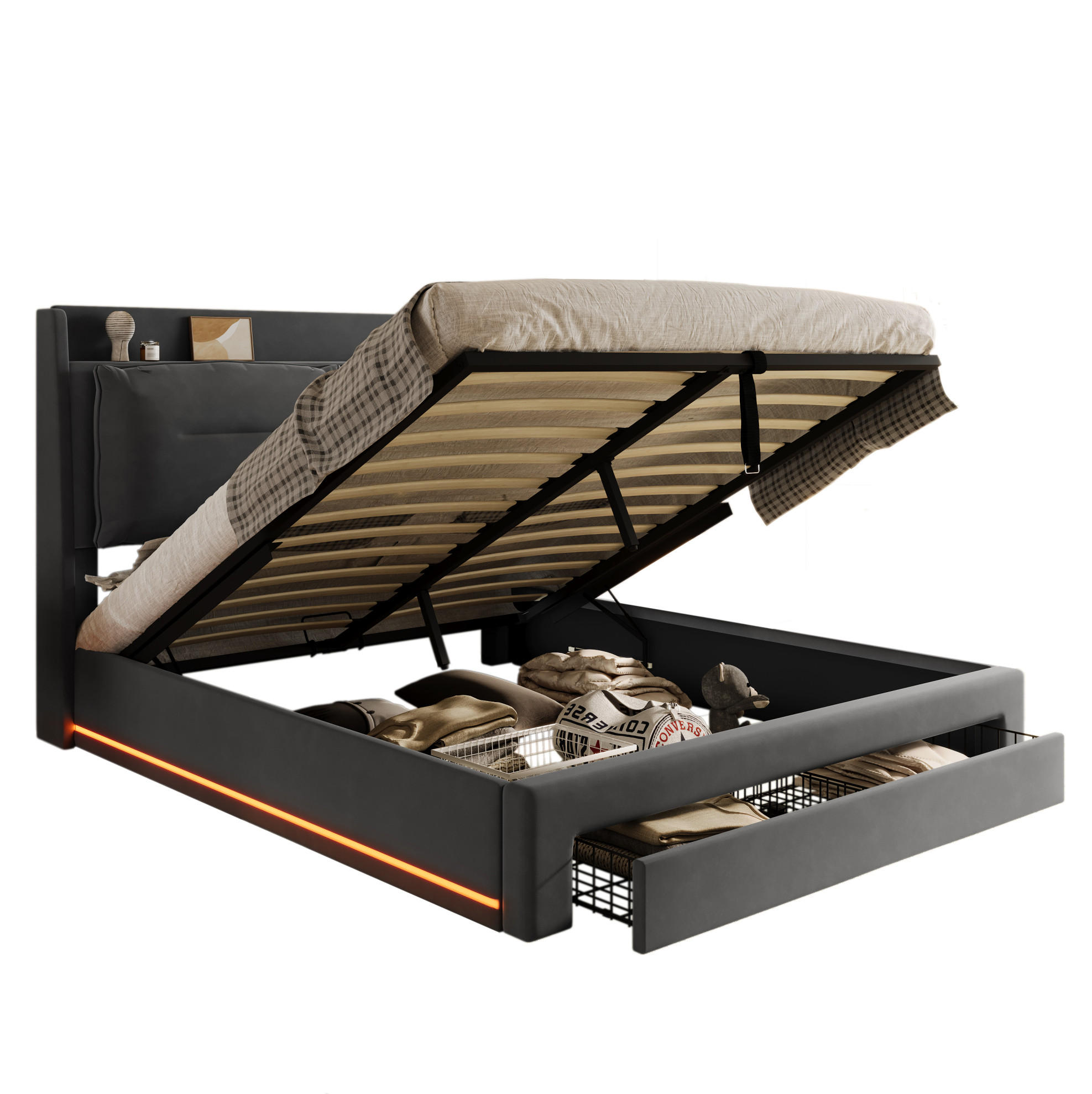 POLSTERBETT aus Samt 140x190 cm Dunkelgrau mit LED-Beleuchtung, hydraulischem Bettkasten und 2-in-1-Schublade - Dunkelgrau, Textil (140/190cm) - Modfu