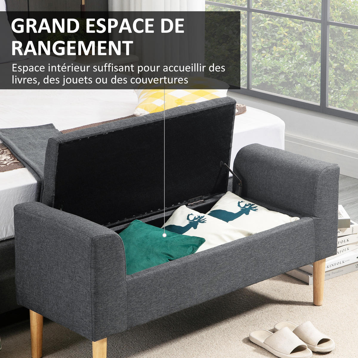 TRUHENBANK DE-16447 gepolstert mit Armlehnen und Stauraum Dunkelgrau - Dunkelgrau, Textil (116/58/44cm) - ComfortXL