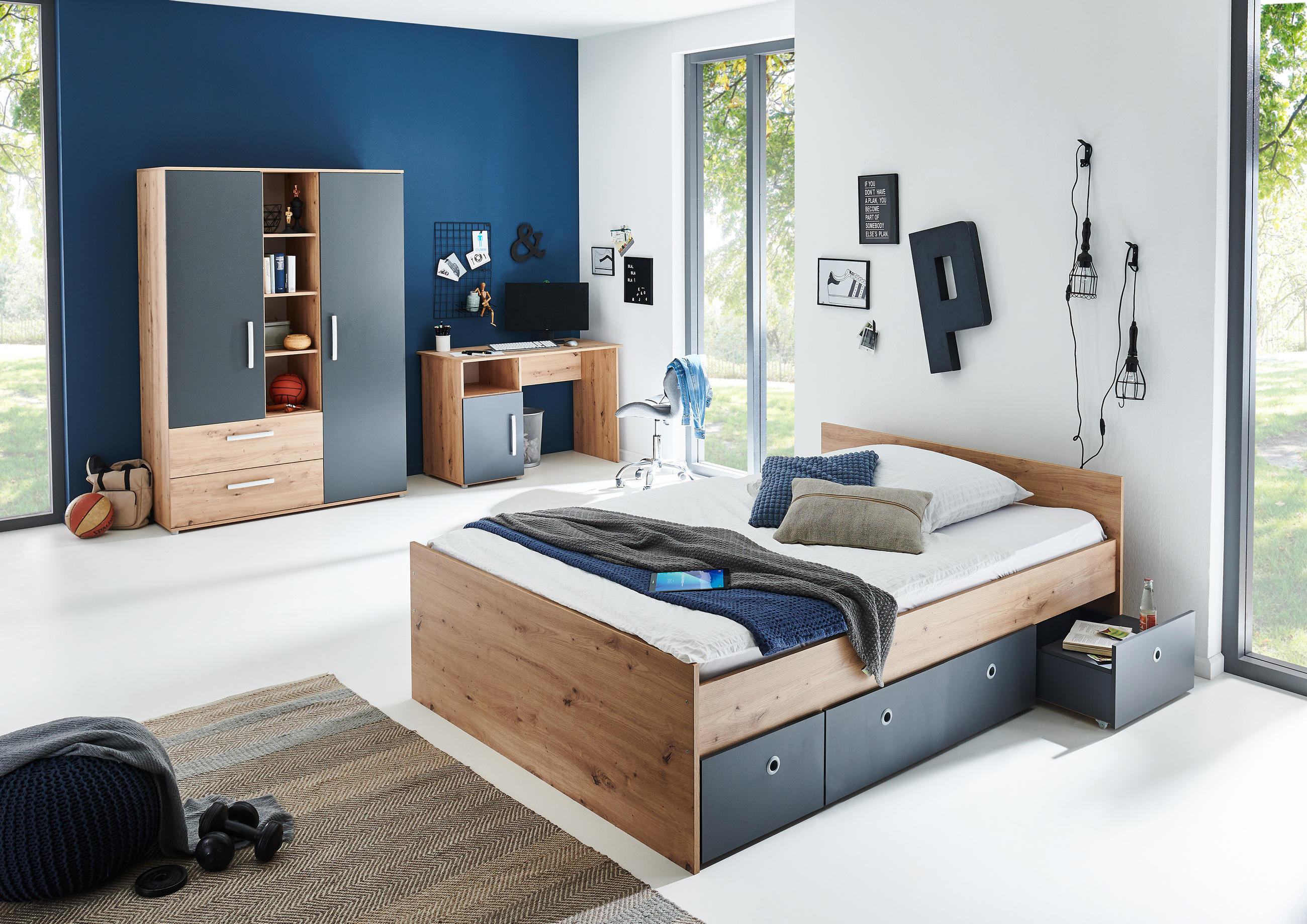 JUGENDZIMMER SET 4-tlg. Alessio - Eichefarben/Anthrazit, Holzwerkstoff/Kunststoff (1/1/1cm) - arthur berndt
