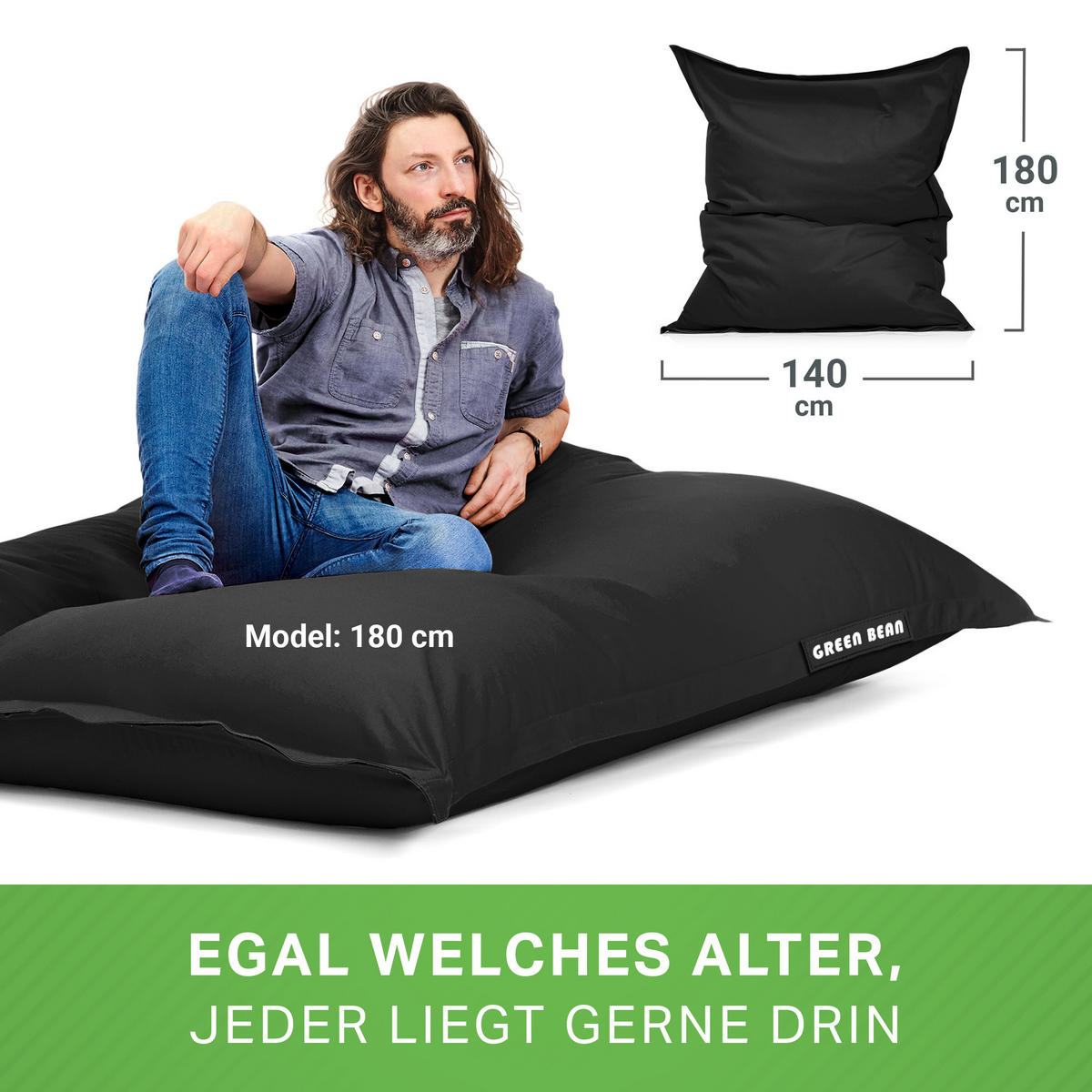 XXL-SITZSACK + Pouf 2er Set - 140x180cm - Schwarz, Textil (140/25/180cm) - Green Bean