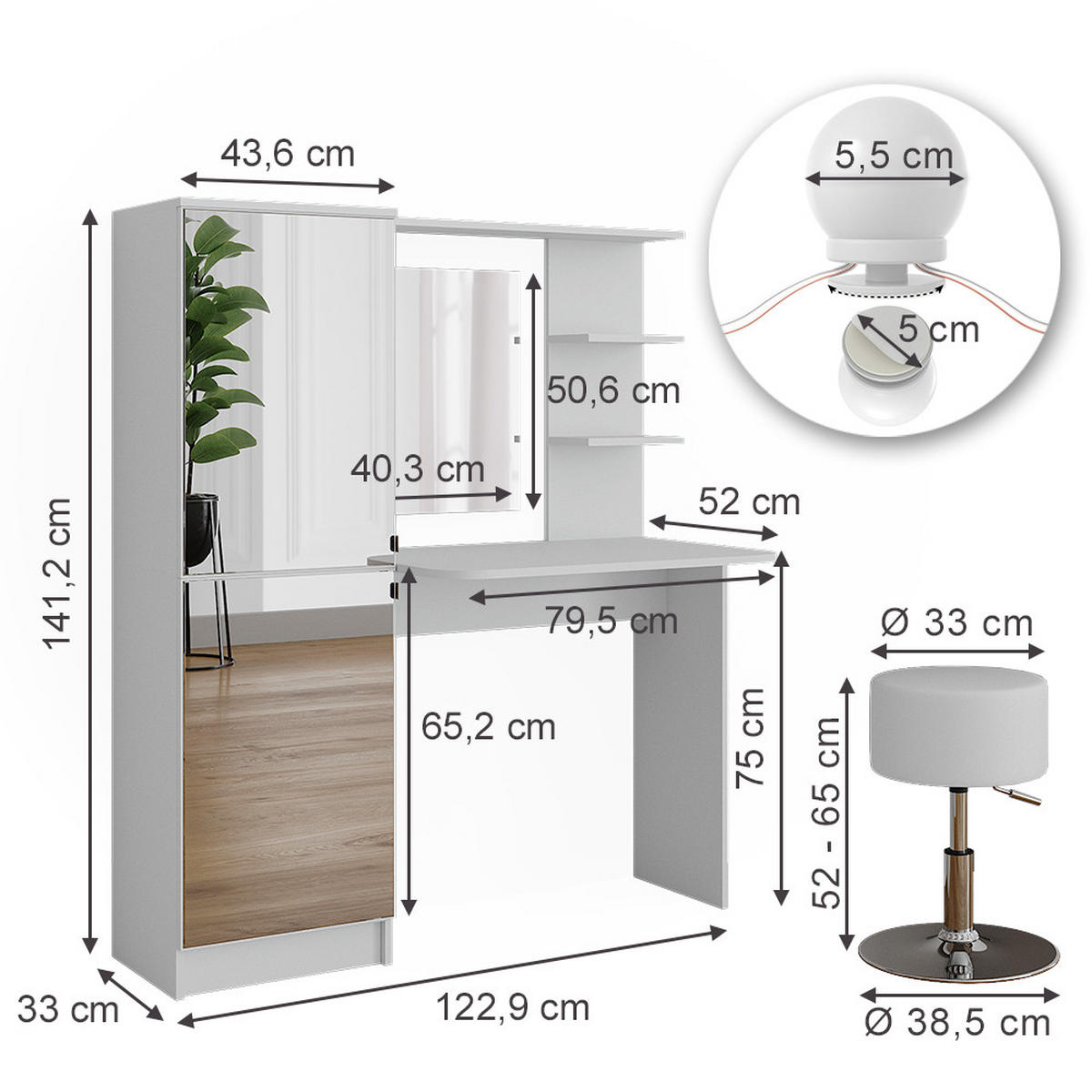 SCHMINKTISCH Weiß 123 cm mit LED-Beleuchtung und Hocker - Weiß, Holzwerkstoff (123/141.2/33cm) - Vicco