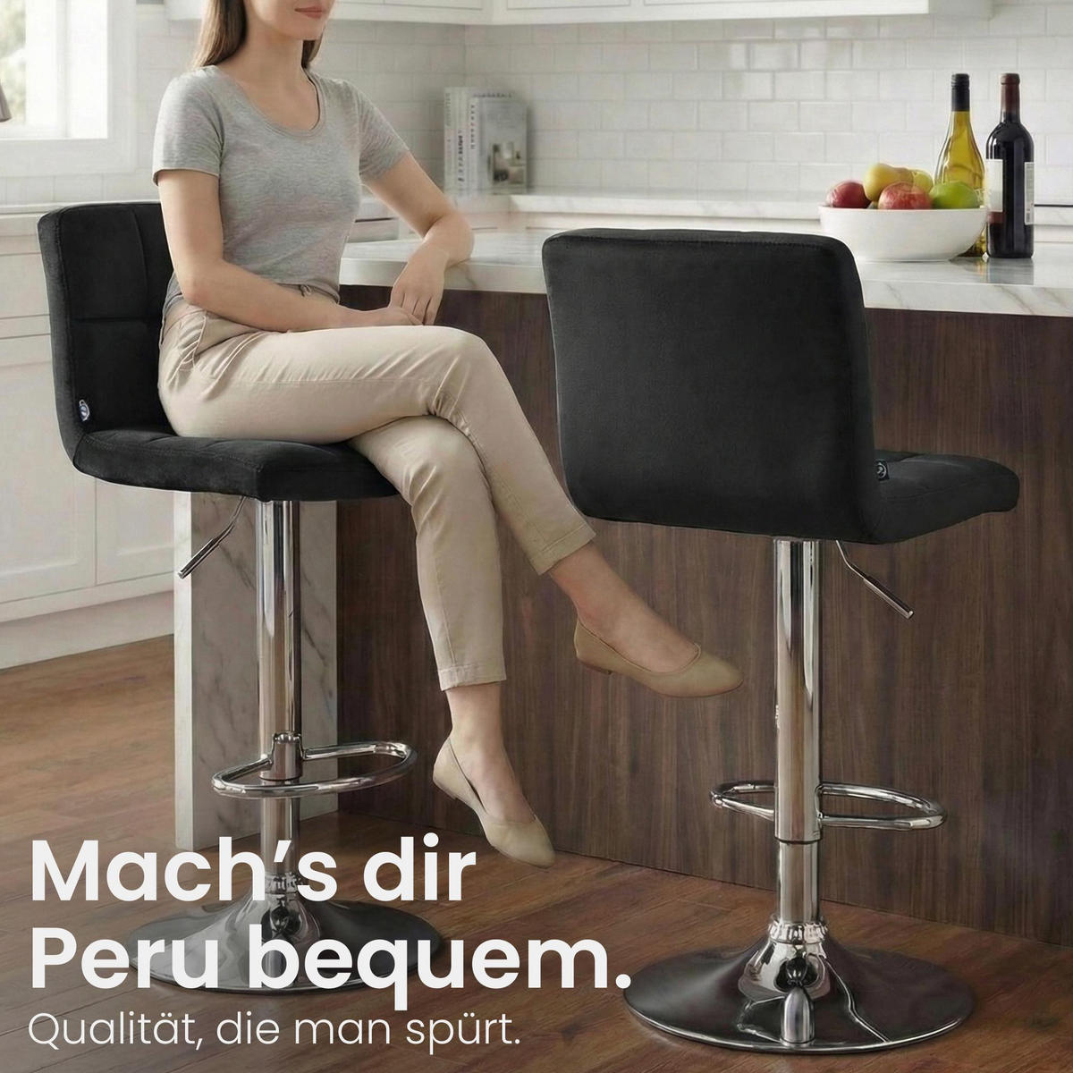 BARHOCKER Samt Schwarz - Chromfarben/Schwarz, Textil/Metall (46/94/47cm) - CLP