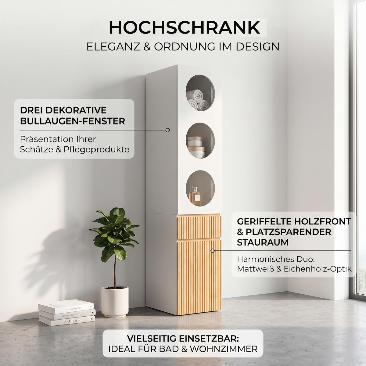 HOCHSCHRANK Eichenoptik, 2 Türen & Schublade, 45 x 50 x 200 cm - Naturfarben, Holzwerkstoff (45/200/50cm) - Urban Meuble