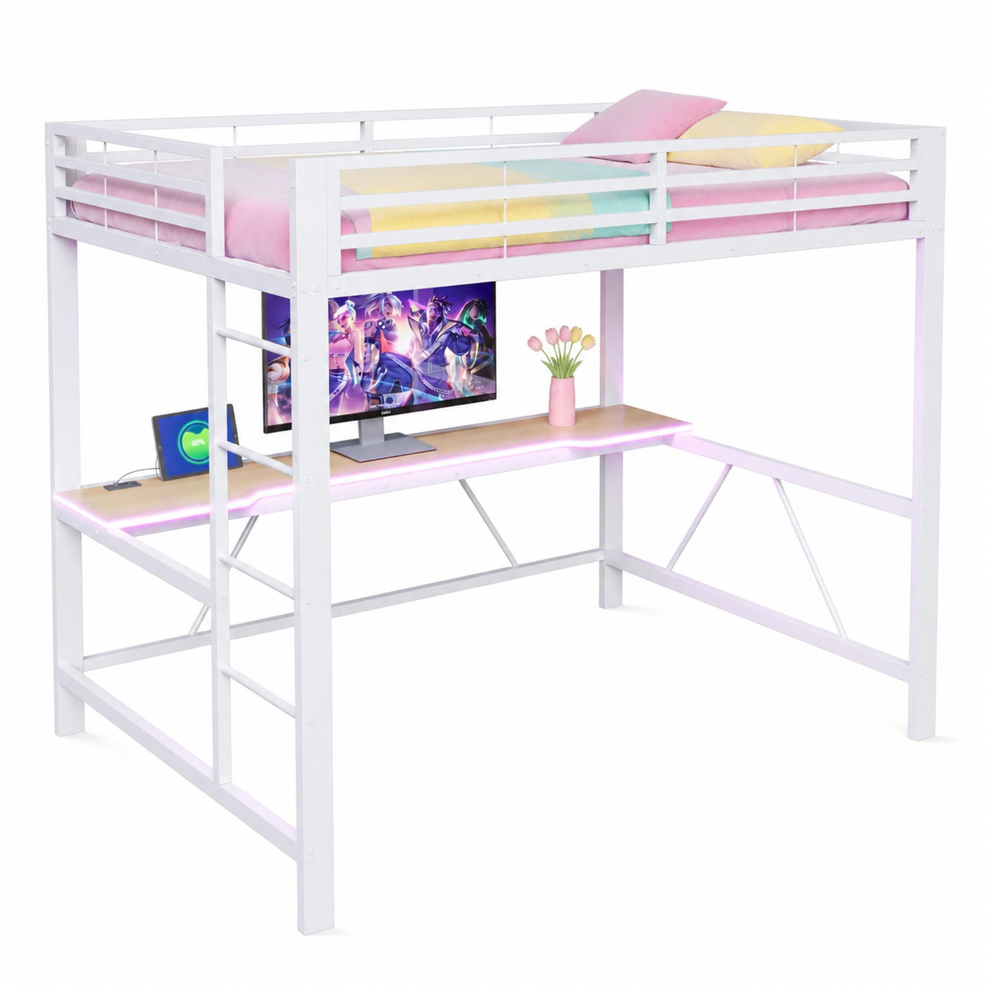 HOCHBETT 140/200 mit Schreibtisch, LED und USB in Weiß - Weiß, Holzwerkstoff/Metall (140/200cm) - EVRYAE