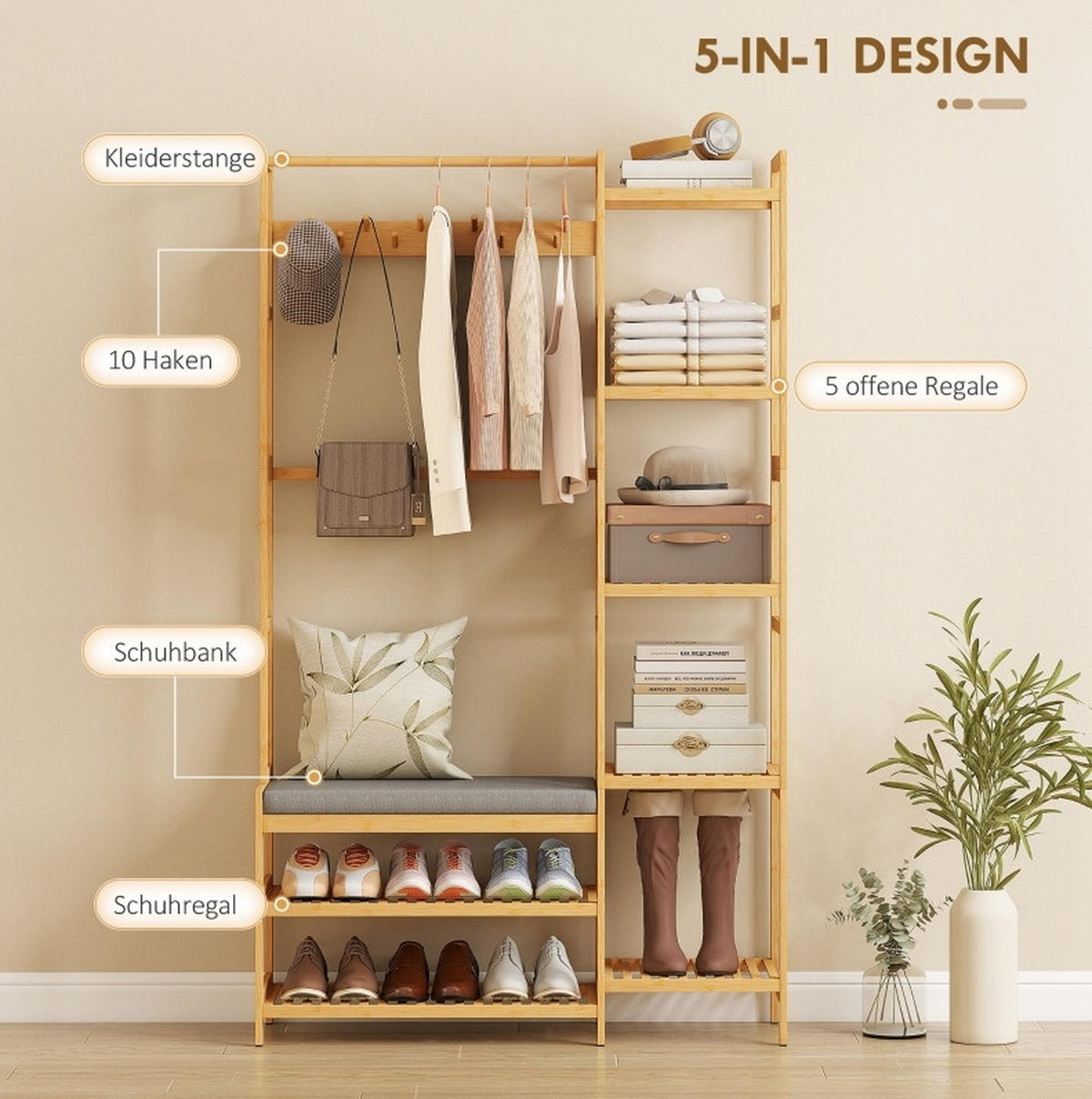 GARDEROBENSTÄNDER 104/33/175 cm aus Bambus mit Schuhregal und Sitzbank Natur - Naturfarben, Naturmaterialien (104/175/33cm) - Modenvie