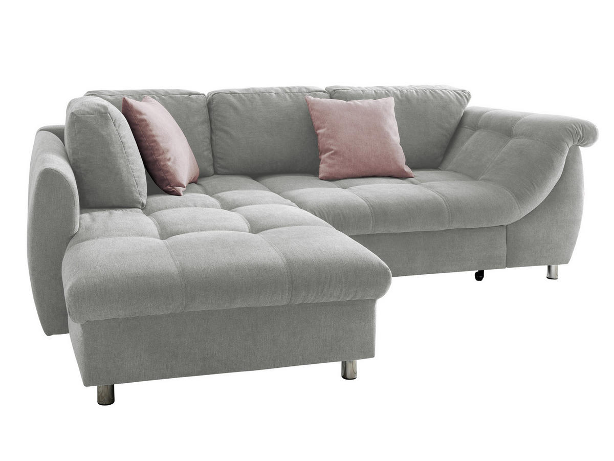 ECKSOFA mit Schlaffunktion, Bettkasten, Wellenunterfederung, Ottomane links B250/T190/H84 cm, Liegefl. 179x190 cm, Mikrofaser Grau / 17002 - Chromfarben/Grau, Textil/Metall (250/190cm) - luma-home