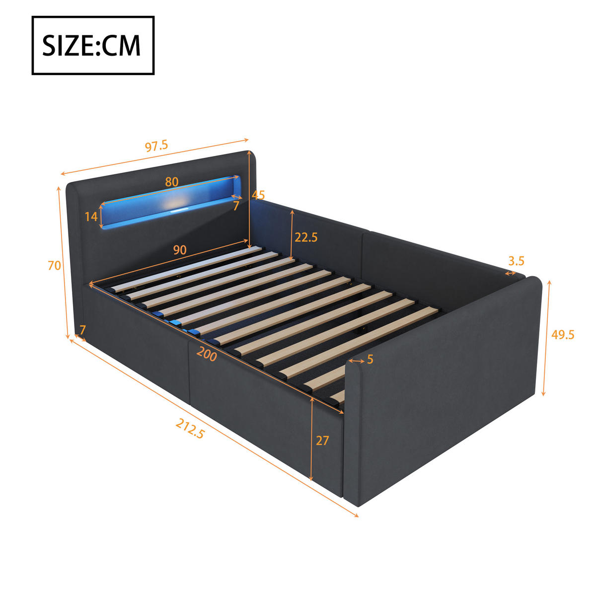 POLSTERBETT Kinderbett 90/200 cm Dunkelgrau mit LED-Licht und Hydraulischem Stauraum aus Samt - Grau, Textil (90/200cm) - OKWISH