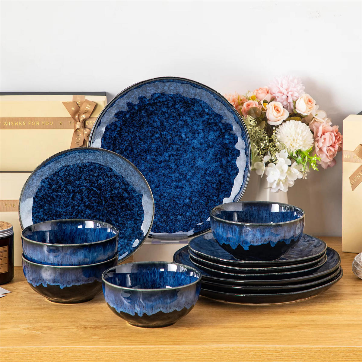 KOMBISERVICE 12-teilig aus Steinzeug, Blau, Geschirr für 4 Personen - Blau, Keramik (27/2.8/27cm) - Kaket