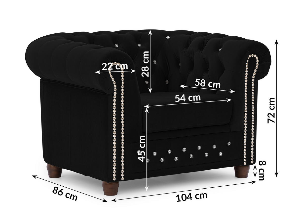 CHESTERFIELD-SESSEL Cleo Blink Schwarz Samt mit Kristallsteppung und braunen Massivholzfüßen - Beige/Schwarz, Holz/Textil (104/72/86cm) - S-Style Möbel