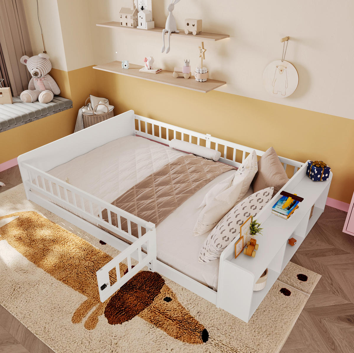 KINDERBETT aus Kiefernholz 140x190 cm Weiß mit offenem Stauraum, Regalen und öffnbarer Zauntür - Weiß, Holzwerkstoff (140/190cm) - Modfu