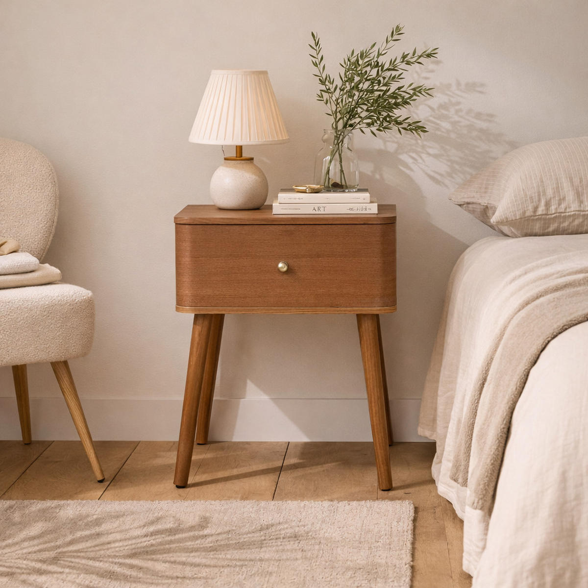 NACHTTISCH 1 Schublade mit abgerundeten Fronten B42 cm - KARL - Eschefarben, Holzwerkstoff (35/58/43.5cm) - Calicosy