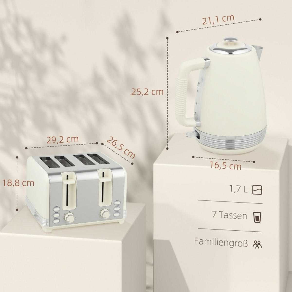 WASSERKOCHER-TOASTER SET Creme Edelstahl 1,7 L 2200W - Creme, Kunststoff (16.5/25.2/21.1cm) - Rolipo