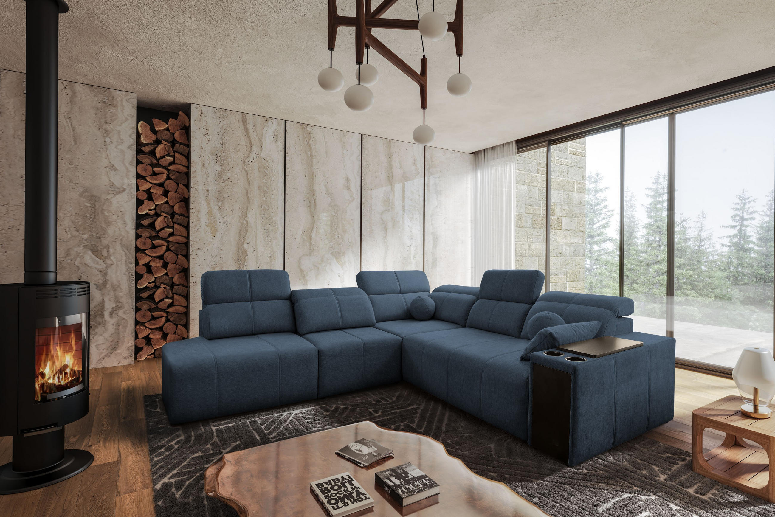 ECKSOFA Mindy IX Mit Schlaffunktion, Verstellbarer Rückenlehne Stoff Verita Blau Links - Blau, Holz (288/300cm) - Kaiser Möbel