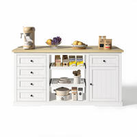 BUFFET aus MDF 150x65x75,5 cm Weiß/Natur mit Klappplatte, Steckdosen, 2 USB-Anschlüssen und 5 Schubladen - Naturfarben, Holzwerkstoff (150/75.5/65cm) - Modfu