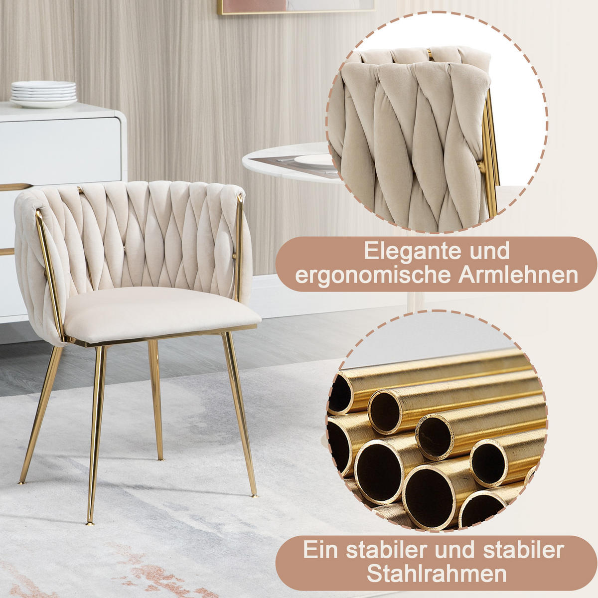ESSZIMMERSTUHL 2er-Set aus Samt mit Goldbeinen - Creme, Textil (55.5/74/41cm)