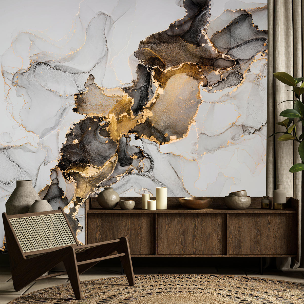 FOTOTAPETE für Badezimmer Moderner Grauer Marmor Gold Schwarz Imitation 400x280 - Beige/Grau, Papier (400/280cm) - Muralo