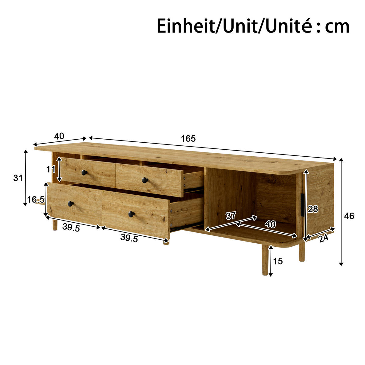 TV-LOWBOARD 165cm mit 4 Schubladen und 2 Schiebetüren - Naturfarben, Holzwerkstoff (165/46/40cm) - FLIEKS