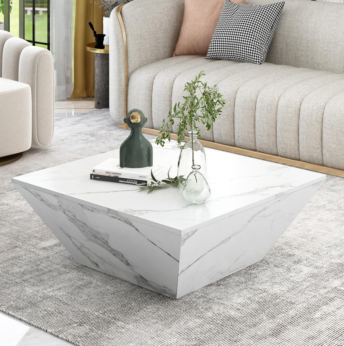 COUCHTISCH 70/70 cm mit 2 Schubladen in Weiß mit Marmordekor - Weiß, Holzwerkstoff (70/70/37cm) - BEAOK