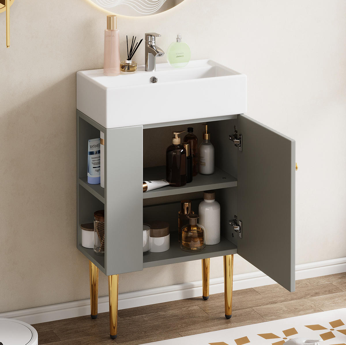 BADEZIMMERSCHRANK 55x31x91.5cm Grau-Weiß mit Hochglanz-Keramikbecken - Grau, Holzwerkstoff (55/91.5/31cm) - Modfu