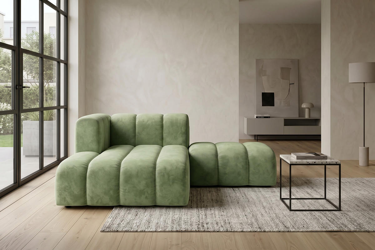 CHAISELONGUE Modulare Mit Hocker, Velvet-Stoff Riviera, Olive, Links, GRAND - Olivgrün, Holz (204/179cm) - Kaiser Möbel