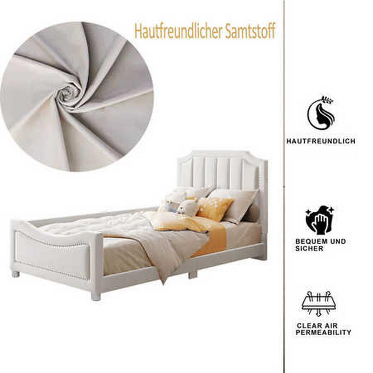 KINDERBETT 90x200 Beige Flanell Rückenlehne - Beige, Holz (90/200cm) - FLIEKS