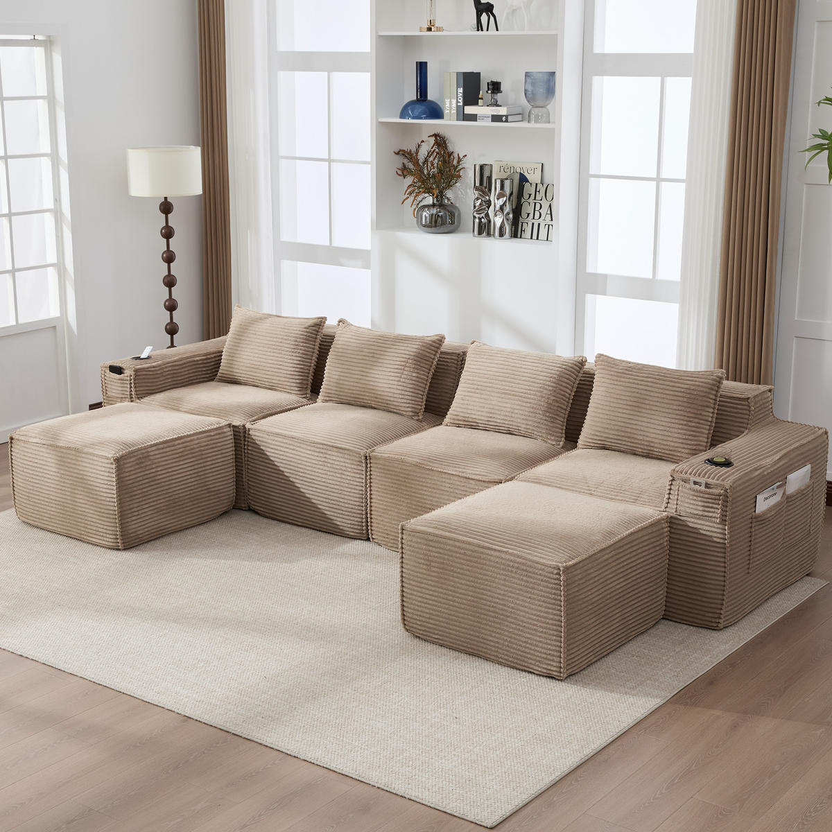 WOHNLANDSCHAFT 330/162/75 cm Khaki mit 2 Fußhocker, Getränkehalter und Seitentaschen - Sandfarben, Textil (330/75/162cm) - Oxeza
