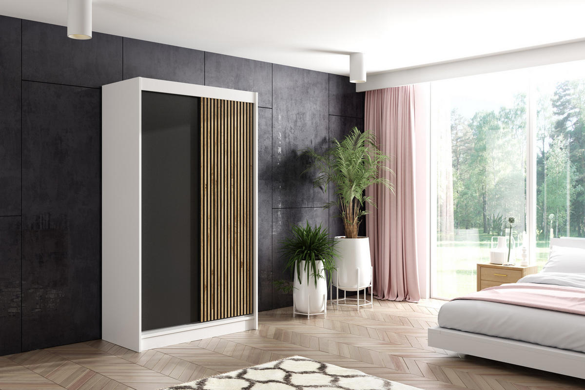 KLEIDERSCHRANK VILAN mit Lamel - 120 cm - Weiß|Eiche Wotan - Eiche Wotan/Weiß, Holzwerkstoff (120/215/61cm) - ALTDECOR