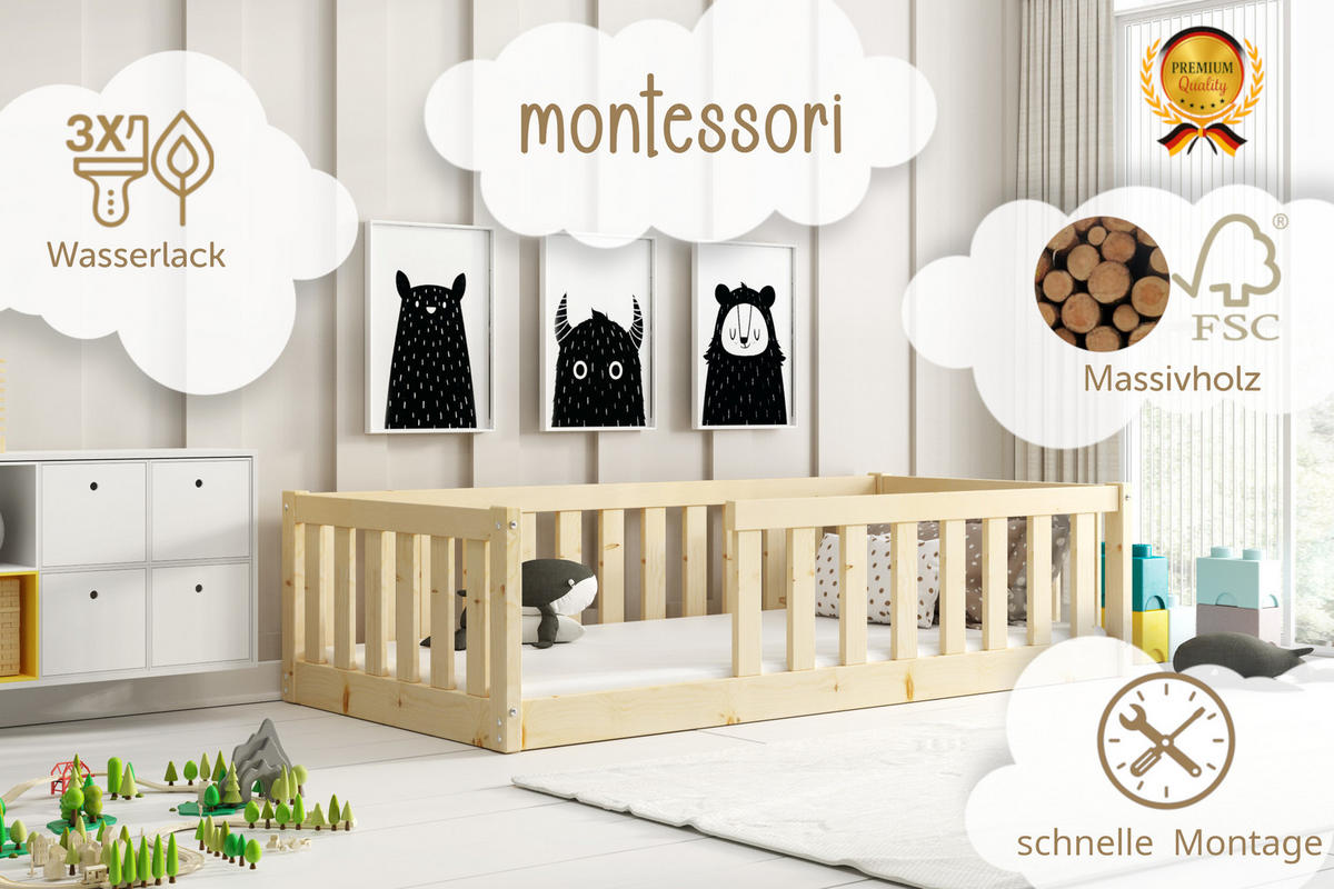 BODENBETT Bella 160x80 mit Rausfallschutz & Lattenrost Kinderbett aus Holz - Naturfarben, Holz (80/160cm) - Interbeds