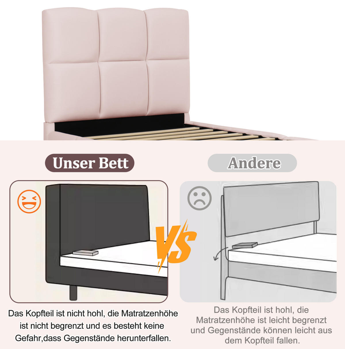 POLSTERBETT 90/200 cm mit Lattenrost, hydraulischem Stauraum und USB-C-Anschluss, Rosa - Pink, Textil (90/200cm) - Redom