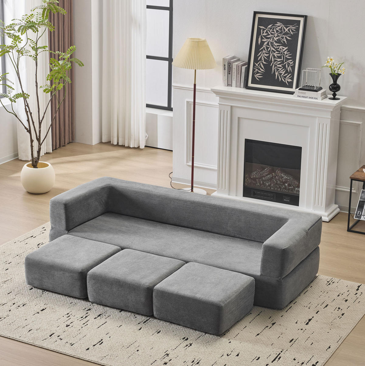 BODENSOFA modular als Schlafsofa Chenille Grau - Grau, Kunststoff (75.5/50/201cm) - Meubliv