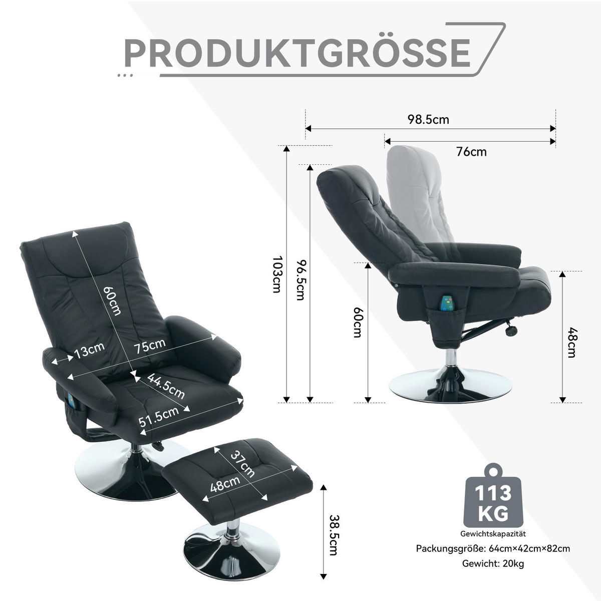 RELAXSESSEL PU mit Massage und Sitzheizung 76/75/103 cm Schwarz - Schwarz, Kunststoff (75/103/76cm) - Redom