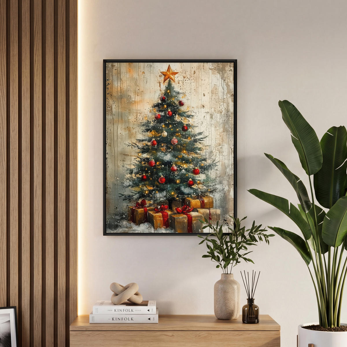 LEINWAND Bilder mit Rahmen - Weihnachtsbaum - Vintage - Weihnachten - Geschenk - 60x80 - Rostfarben, Textil (60/80cm) - MuchoWow