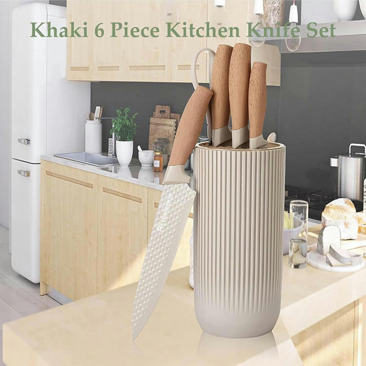 MESSER Set 6-teiliges Khaki Edelstahl mit Messerblock - Creme, Metall