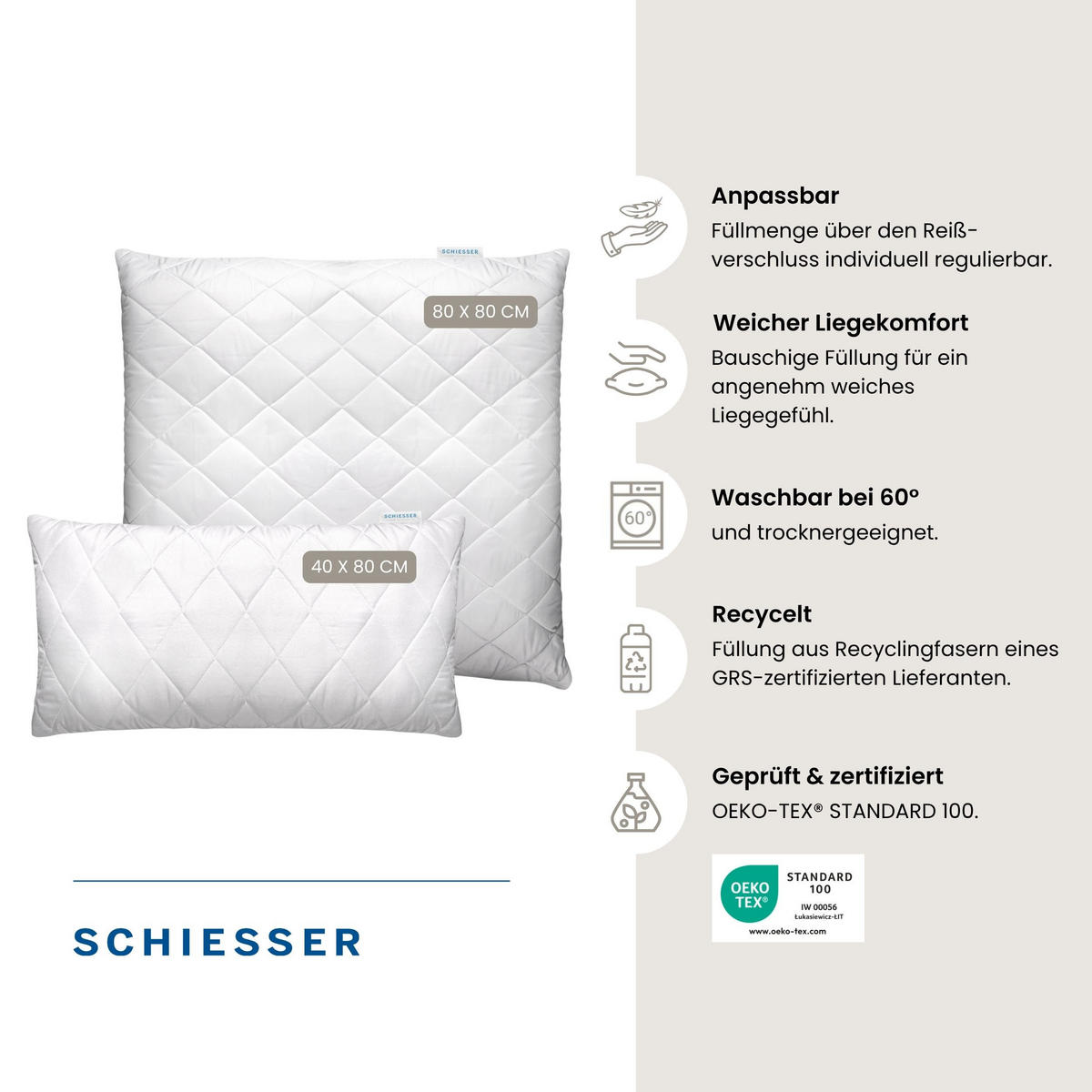 KOPFKISSEN Hygge - Mikrofaserbezug - Füllung aus silikonisierter Polyester-Hohlfaser - 40x80 cm - Weiß - Weiß, Textil (40/80cm) - SCHIESSER