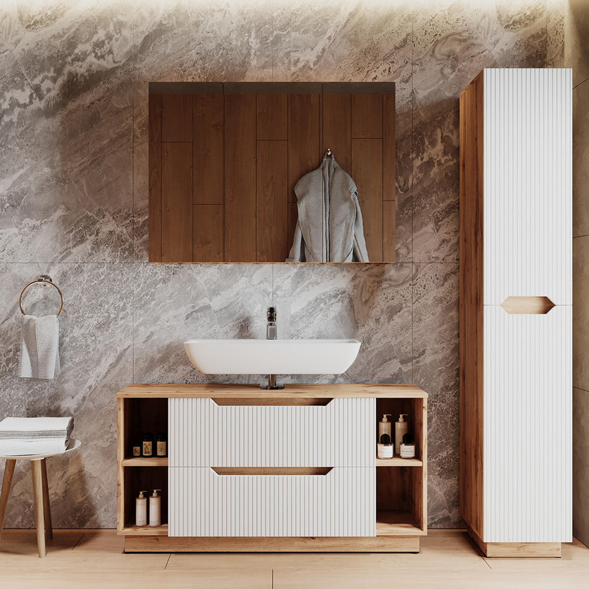 BADMÖBEL-SET Lotta Eiche/weiß gestreift 3 Teile - Eichefarben/Weiß, Holzwerkstoff (119.2/62.5/35cm) - Vicco
