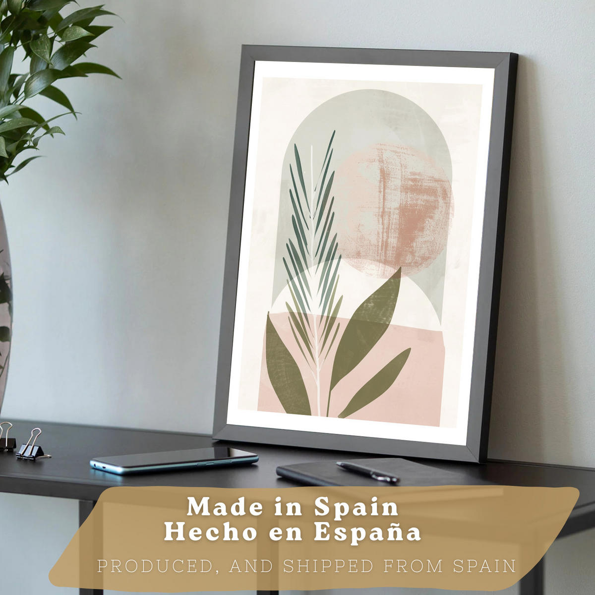 PLAKAT Sada 3 dekorativních nástěnných tisků, zelené a růžové rostliny, pro moderní dekoraci obývacího pokoje květinové motivy, velikost Černý rám A3 - černá, papír (29.7/42/3cm) - Nacnic